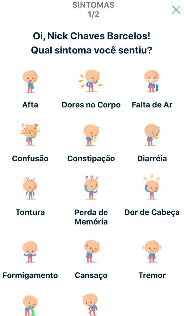 Tela do aplicativo Wecancer com lista de sintomas que o paciente pode reportar.